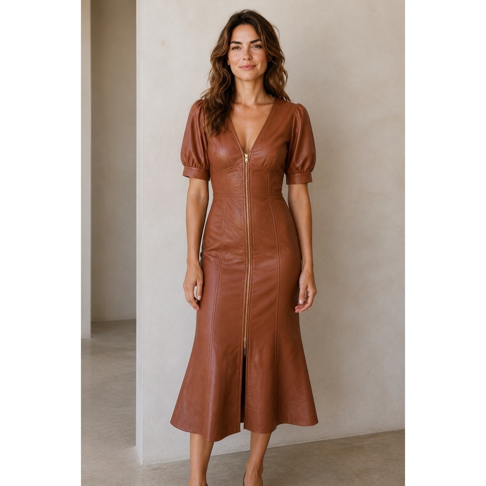 Anthropologie Faux Leather Midi Dress Womens 6 Brown Zip Front Puff Sleeve